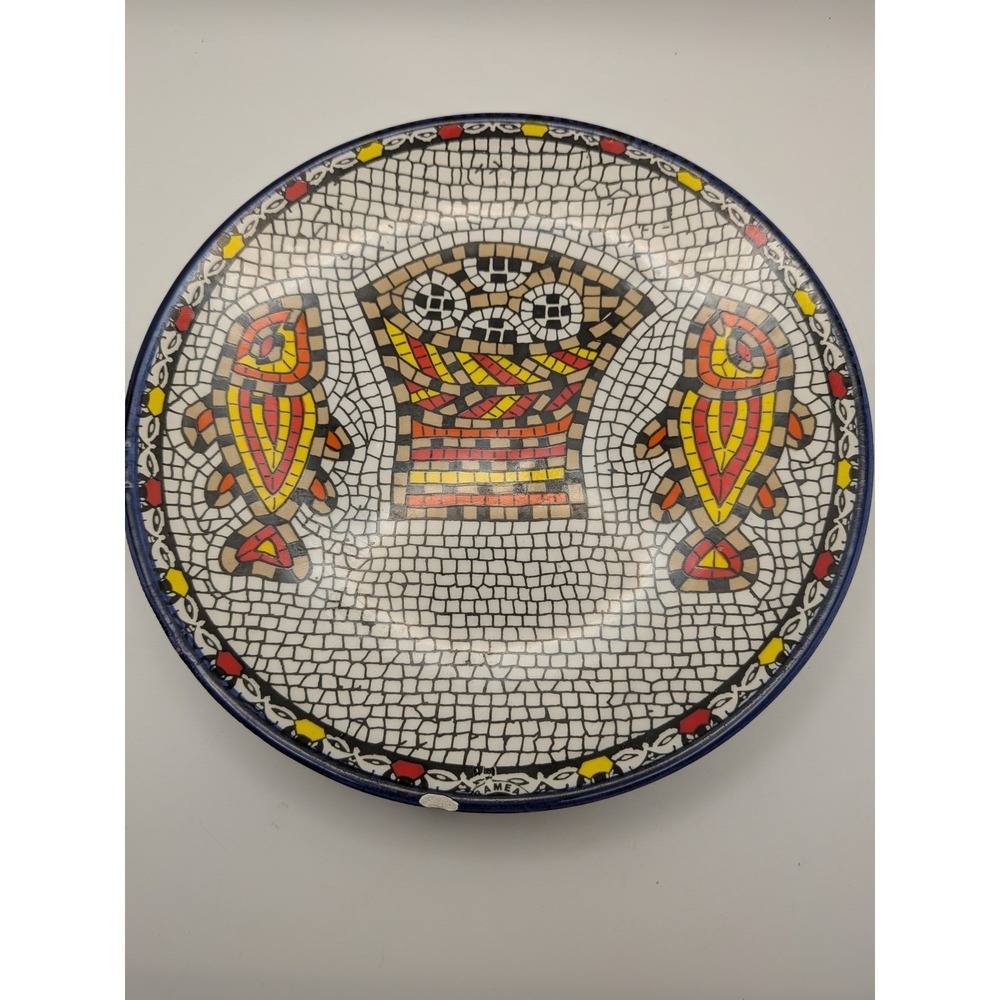 Vintage Jerusalem Ceramic Mosaic Plate Loaves and Fishes Wall Decor Blue 7.25in